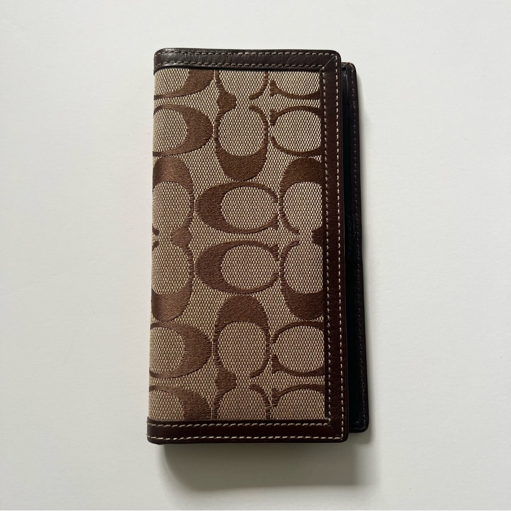 Vintage Coach Signature Canvas Monogram Checkbook Holder Brown Leather